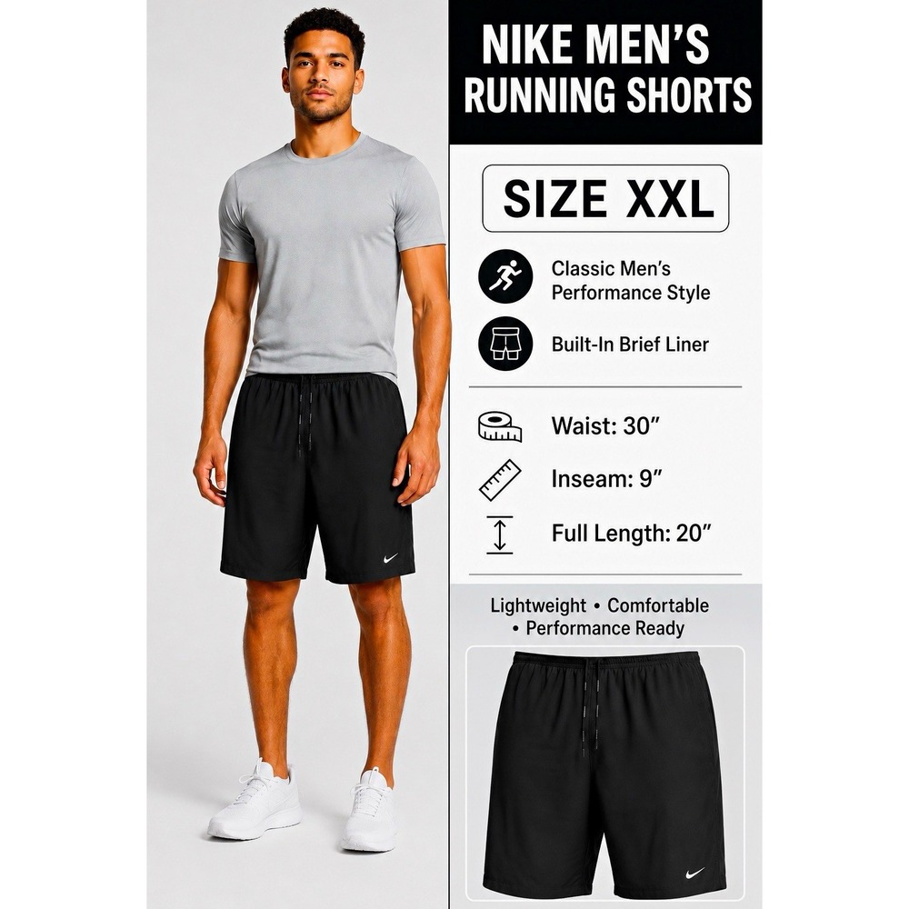 Nike Dri-FIT Men's Running lightweight Shorts 2XL Black Lined with briefs